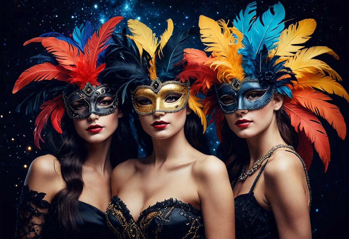 A whimsical collage showcasing various NSFW fantasies, featuring a masquerade ball with elegant masks, vibrant feathers, and sultry characters in alluring outfits. Include a subtle hint of eroticism with playful shadows and suggestive poses, set against a dreamy, starry night background. The overall vibe should feel enchanting and inviting, sparking curiosity while maintaining a sense of mystery. vibrant colors. super-realistic. dramatic lighting.